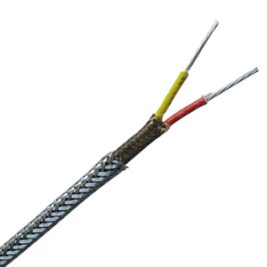High temperature fiberglass insulated parallel construction thermocouple wire and thermocouple extension wire with metal overbraid - Single pair